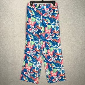 Sincerely Jules Linen Wide Leg Pants Medium Coral Green Pockets Tropical Resort